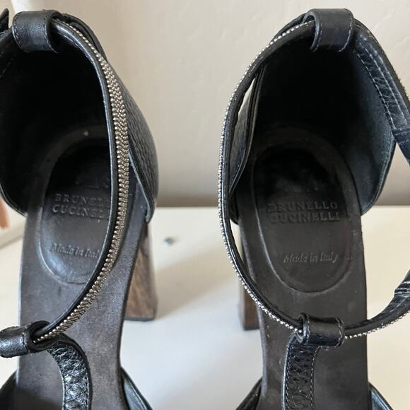 Brunello Cucinelli Black Leather Platform Block Heel Peep T-Strap Sandals 40.5 - Picture 9 of 13